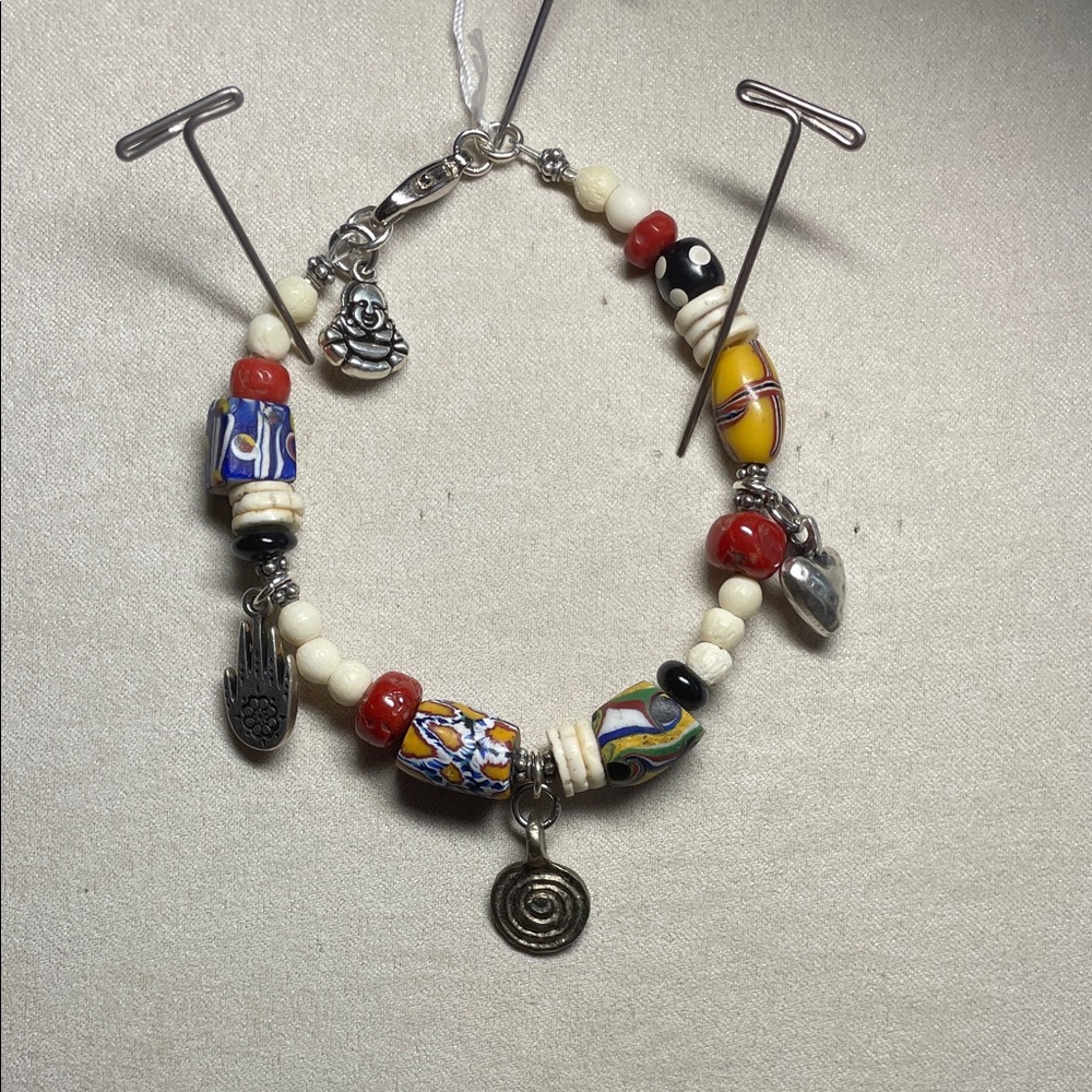 Bohemian Multicolor Glass Bead Charm Bracelet - White, Red, Yellow